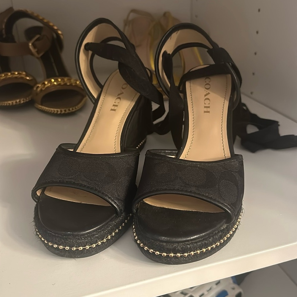 Coach sandals tie up worn once 6.5 black C wedge